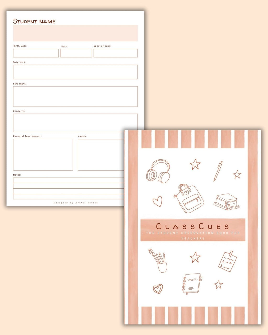 Interior preview of ClassCues pages — student notes & observation layouts.