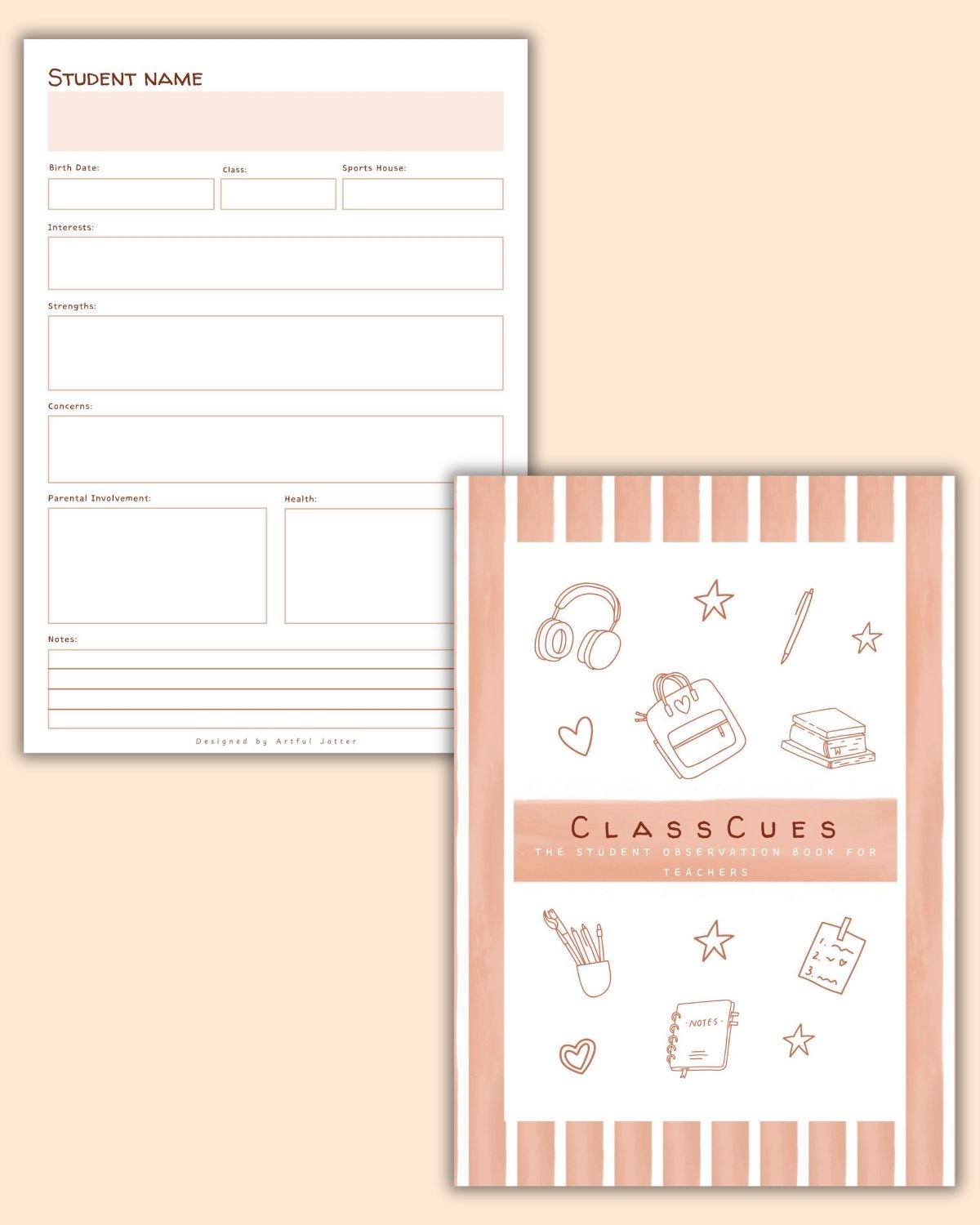 Interior preview of ClassCues pages — student notes & observation layouts.