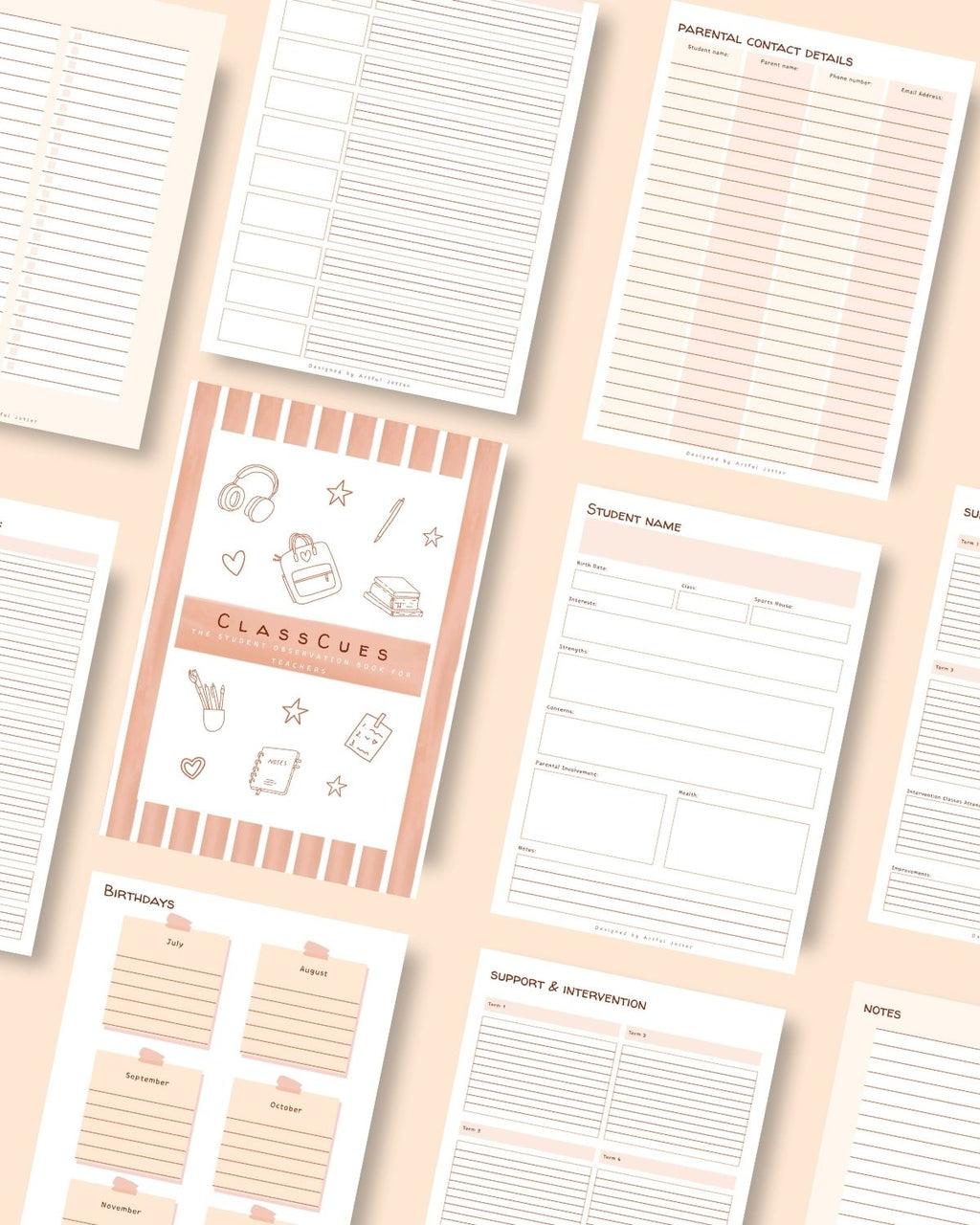 Interior preview of ClassCues pages — student notes & observation layouts.
