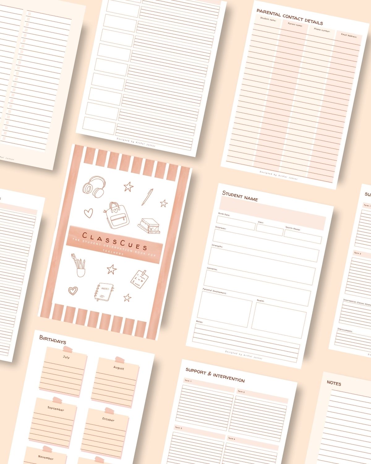 Interior preview of ClassCues pages — student notes & observation layouts.