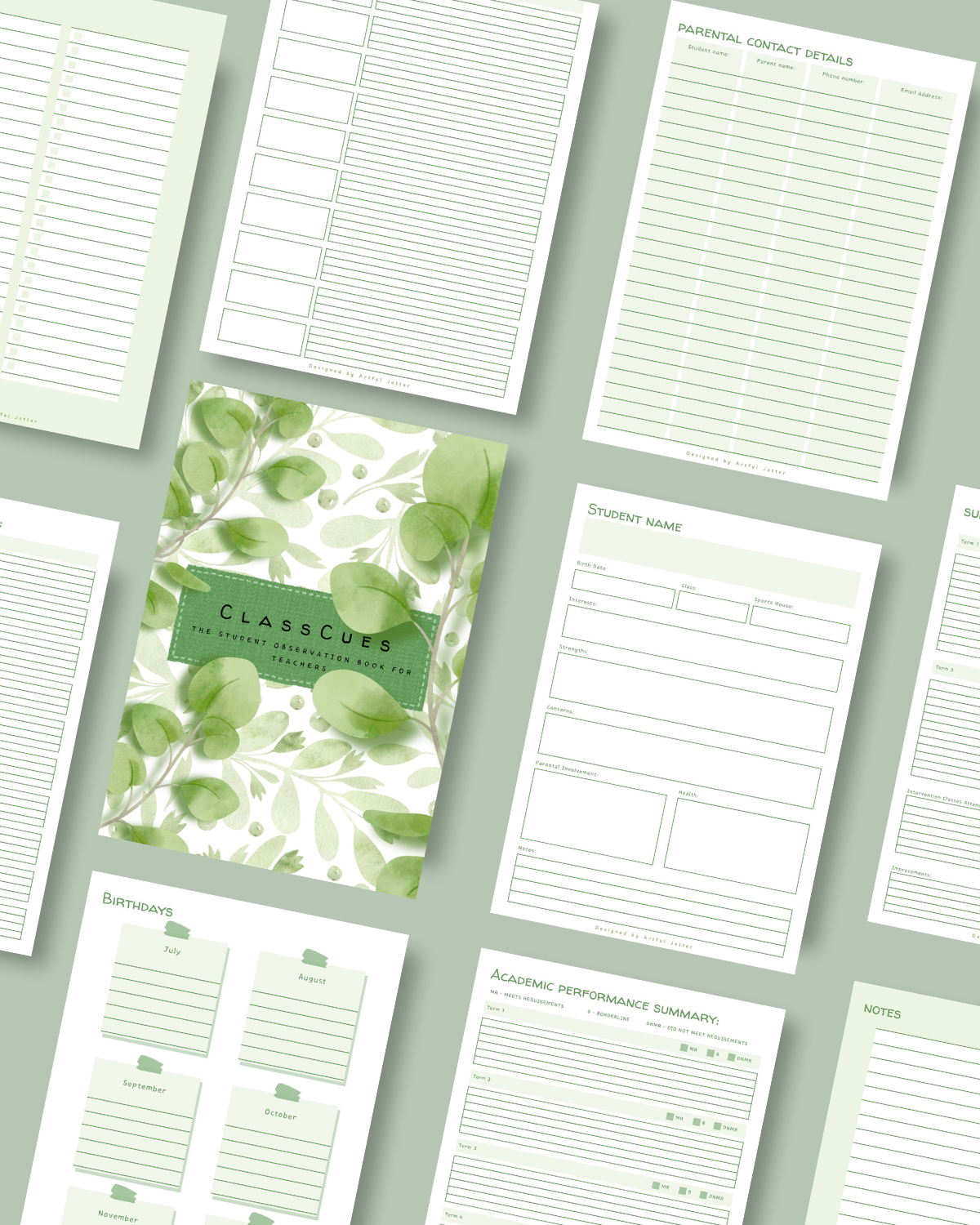 Printable A4 & A5 student observation pages, Green Leaves design