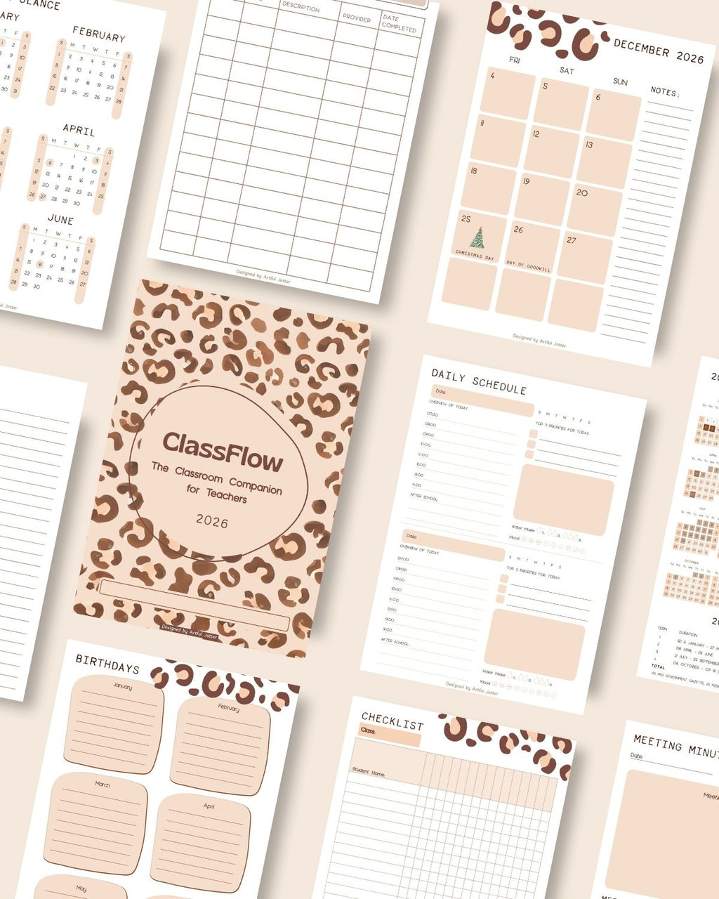 Planner preview pages — monthly spread and daily schedule