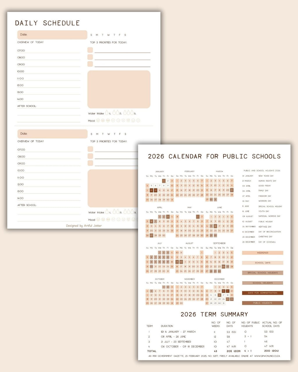 Planner preview pages — school holidays and daily schedule