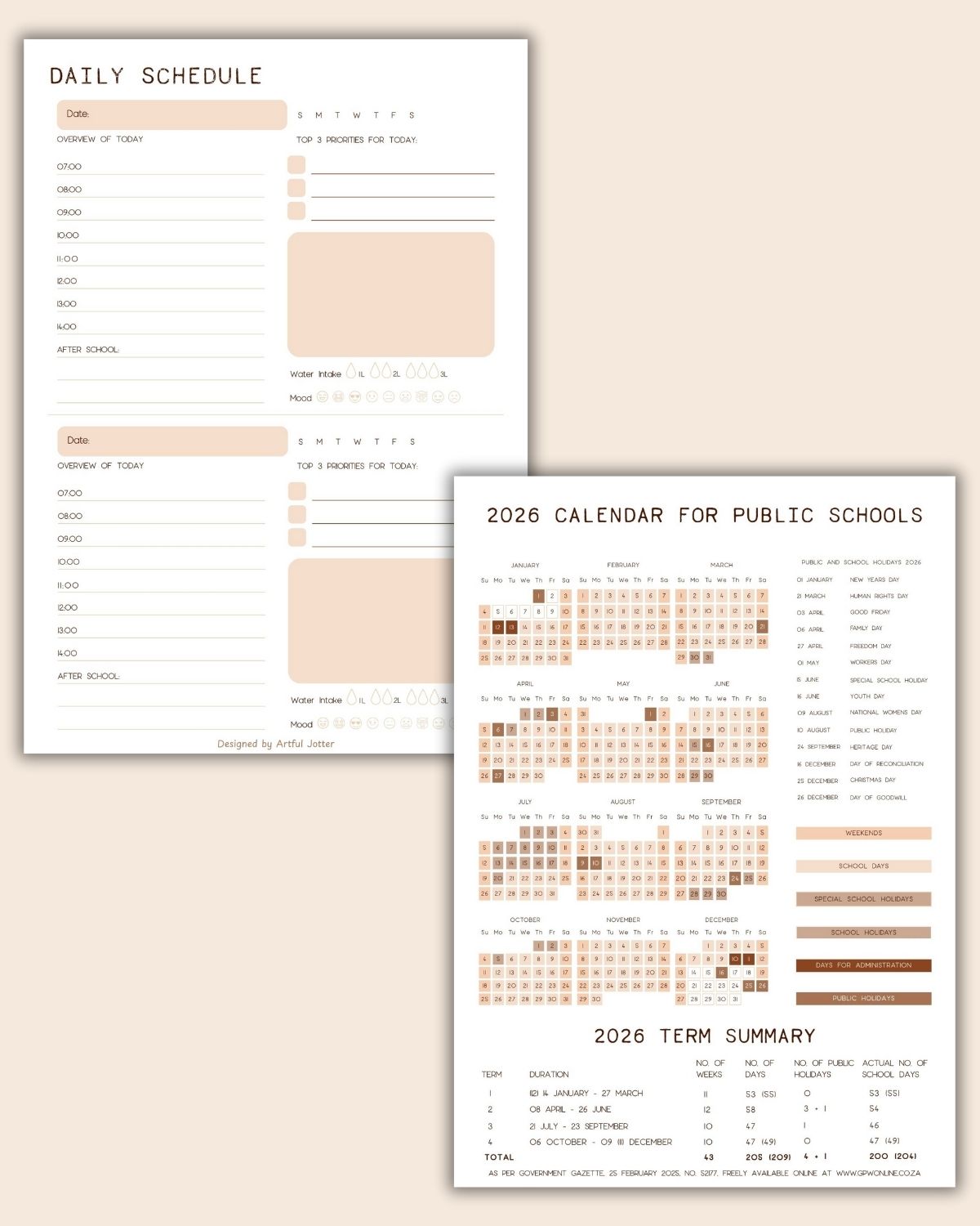 Planner preview pages — school holidays and daily schedule