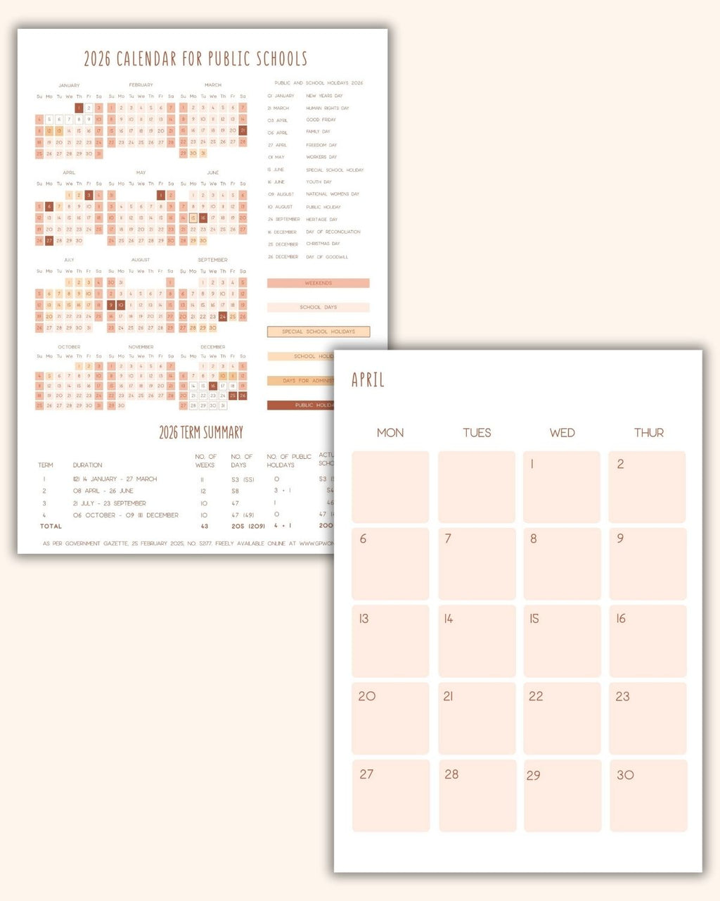 classFlow planner interior preview — monthly spread and holiday page.
