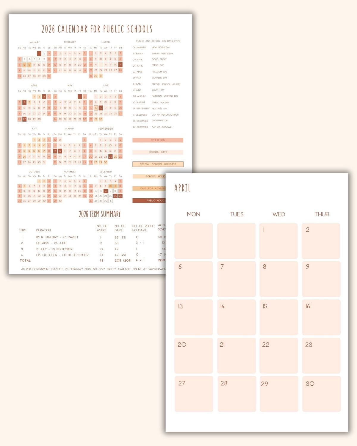 classFlow planner interior preview — monthly spread and holiday page.
