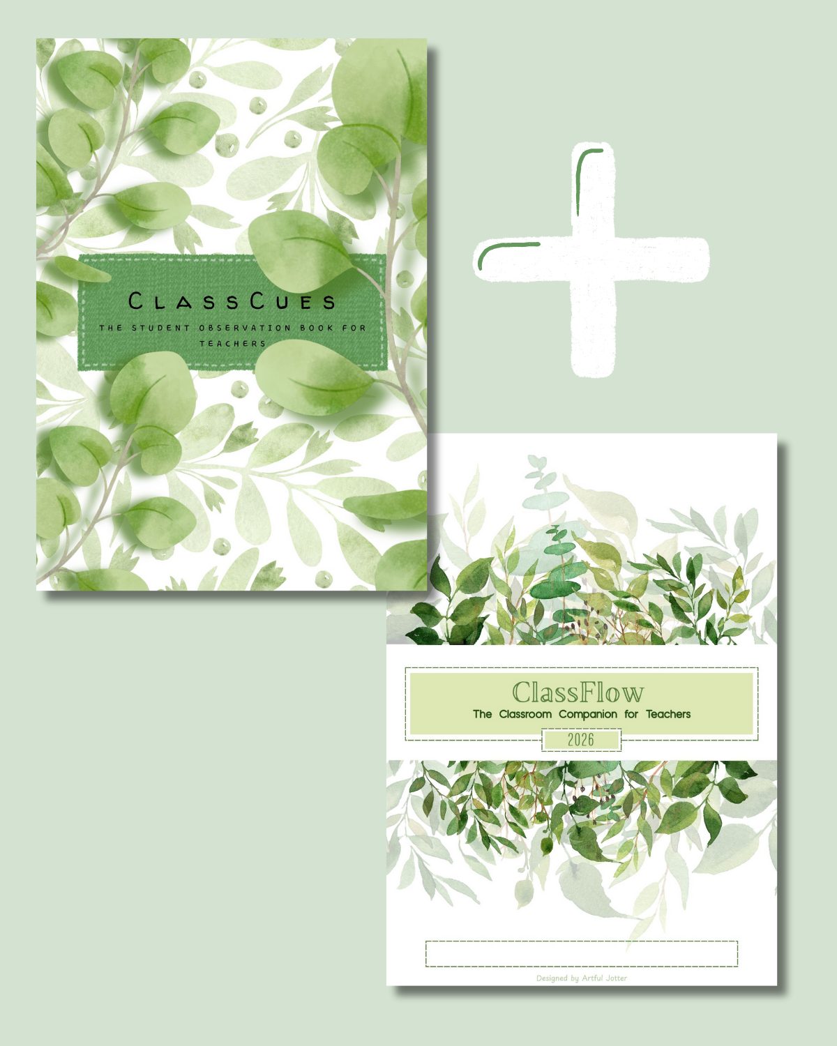 Two educational materials with green leaf designs on a light green background