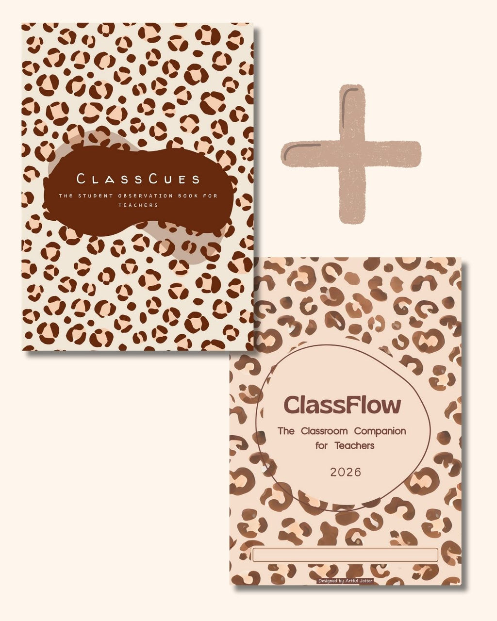 Two books with leopard print design on a white background, featuring 'ClassCues' and 'ClassFlow' titles.